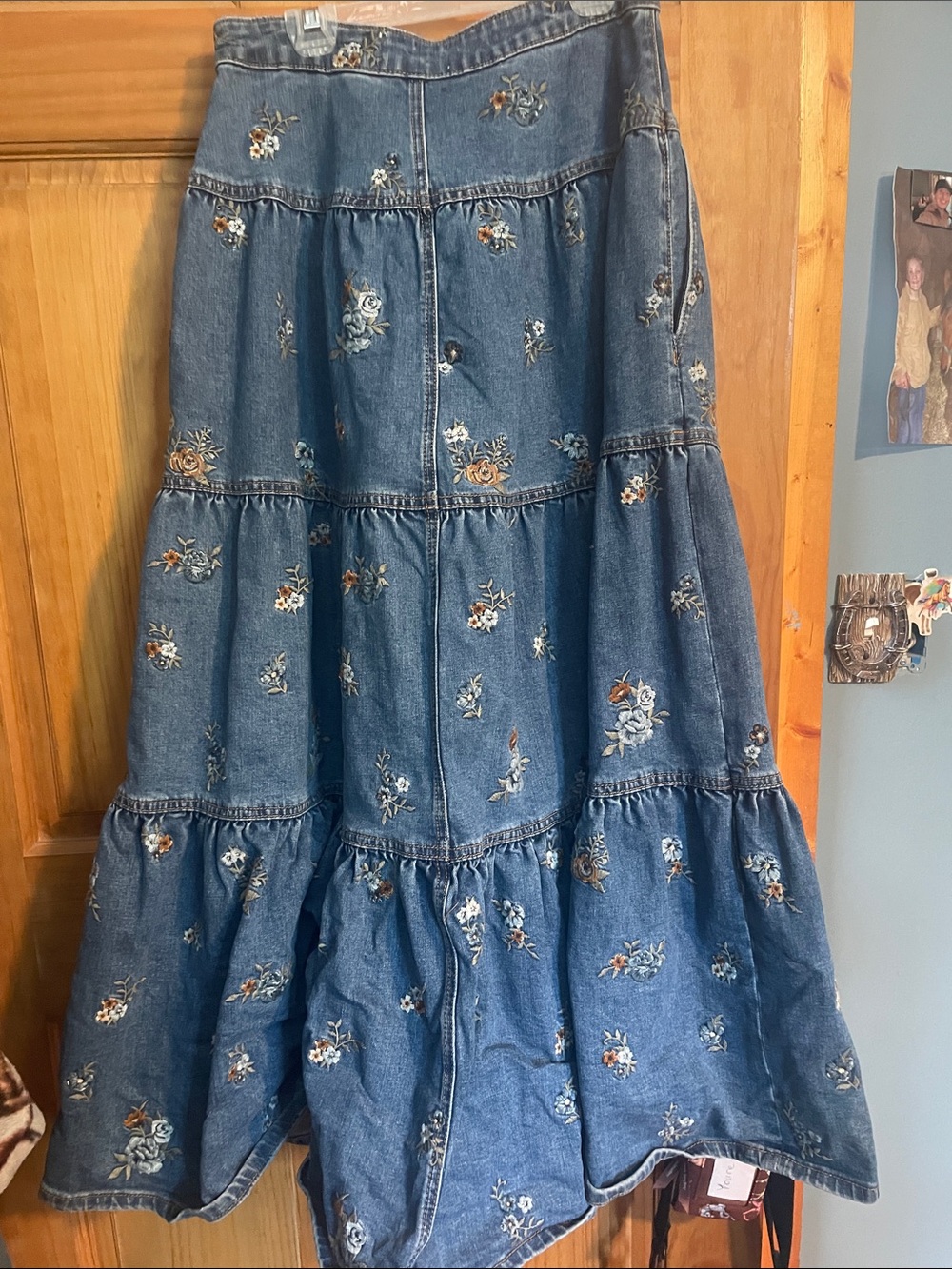 DRIFTWOOD Blue Embroidered Tiered Denim Maxi Skirt - Picture 5 of 10